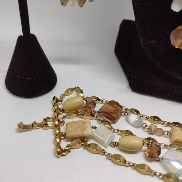 Three Piece Set Necklace in Tones of Cream, Blues, Pinks and Gold - Picture 7 of 13